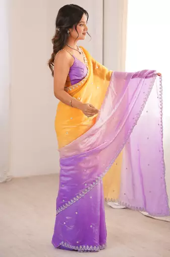 Yellow & purple tissue embridered saree with unstitched blouse piece