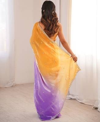 Yellow & purple tissue embridered saree with unstitched blouse piece 5