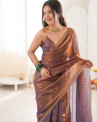 brown tissue embridered saree with unstitched blouse piece 1