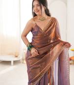 brown tissue embridered saree with unstitched blouse piece