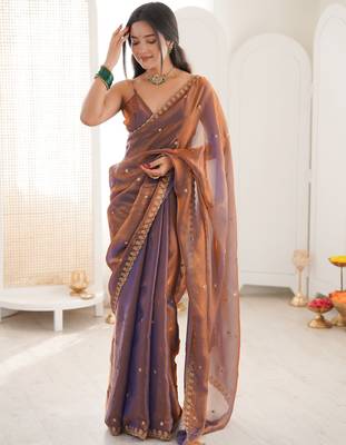 brown tissue embridered saree with unstitched blouse piece 2