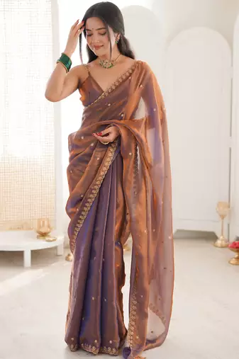 brown tissue embridered saree with unstitched blouse piece