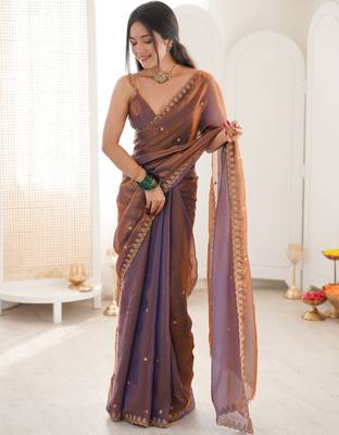 brown tissue embridered saree with unstitched blouse piece 3