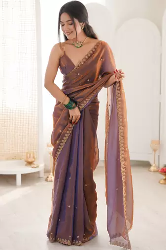 brown tissue embridered saree with unstitched blouse piece