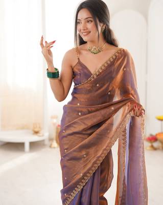 brown tissue embridered saree with unstitched blouse piece 4