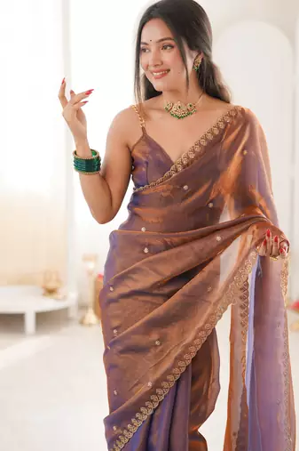 brown tissue embridered saree with unstitched blouse piece