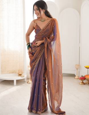 brown tissue embridered saree with unstitched blouse piece 5