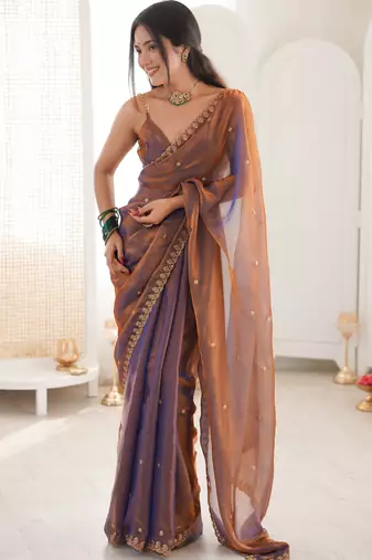 brown tissue embridered saree with unstitched blouse piece