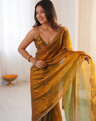 gold tissue embridered saree with unstitched blouse piece 1