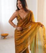 gold tissue embridered saree with unstitched blouse piece