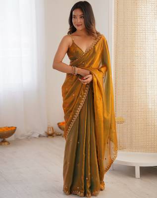 gold tissue embridered saree with unstitched blouse piece 2