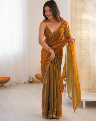 gold tissue embridered saree with unstitched blouse piece 3