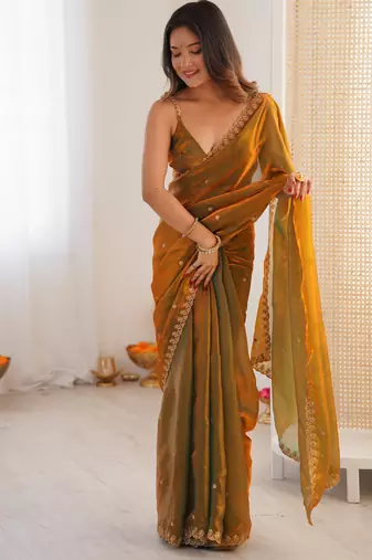 gold tissue embridered saree with unstitched blouse piece