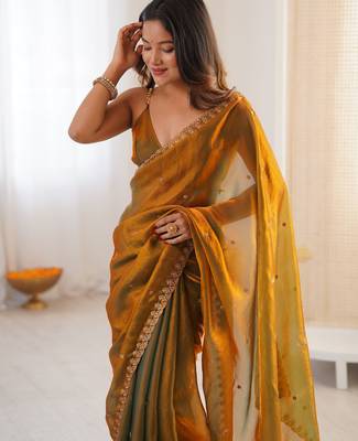 gold tissue embridered saree with unstitched blouse piece 4
