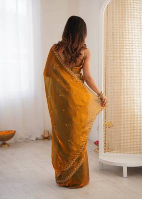 gold tissue embridered saree with unstitched blouse piece 5
