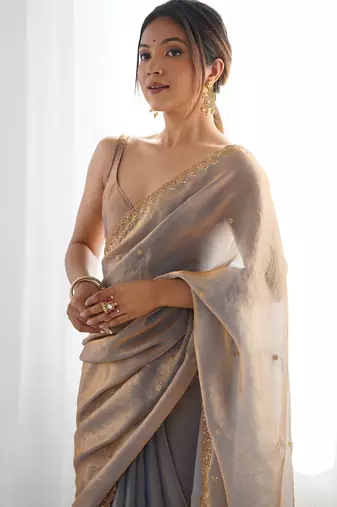 grey tissue embridered saree with unstitched blouse piece