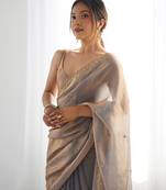 grey tissue embridered saree with unstitched blouse piece
