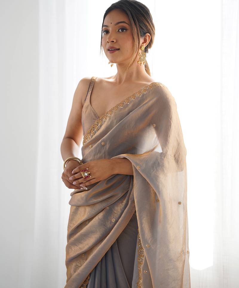 grey tissue embridered saree with unstitched blouse piece