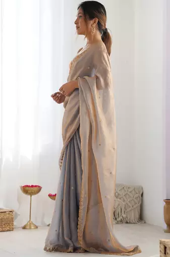 grey tissue embridered saree with unstitched blouse piece