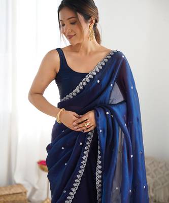 navy blue tissue embridered saree with unstitched blouse piece 2