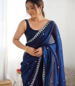 navy blue tissue embridered saree with unstitched blouse piece