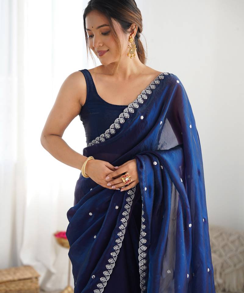 navy blue tissue embridered saree with unstitched blouse piece