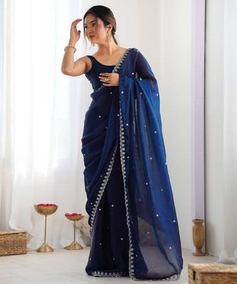 navy blue tissue embridered saree with unstitched blouse piece 3