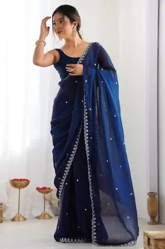 navy blue tissue embridered saree with unstitched blouse piece