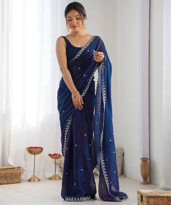 navy blue tissue embridered saree with unstitched blouse piece 1