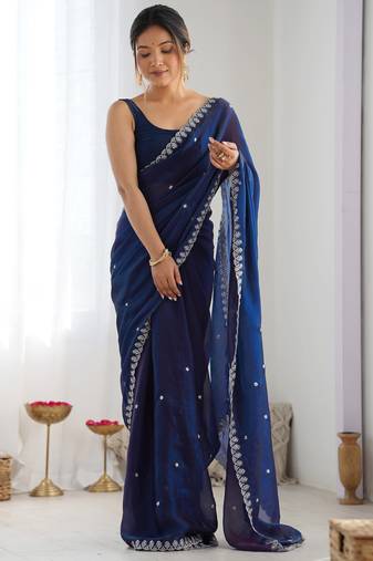 navy blue tissue embridered saree with unstitched blouse piece