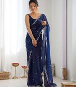 navy blue tissue embridered saree with unstitched blouse piece