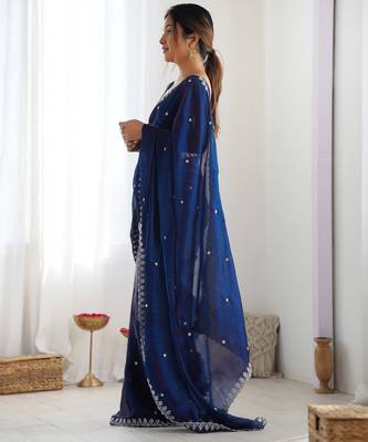 navy blue tissue embridered saree with unstitched blouse piece 4