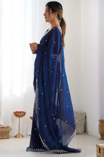 navy blue tissue embridered saree with unstitched blouse piece