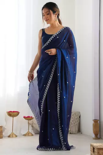 navy blue tissue embridered saree with unstitched blouse piece