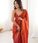 orange tissue embridered saree with unstitched blouse piece