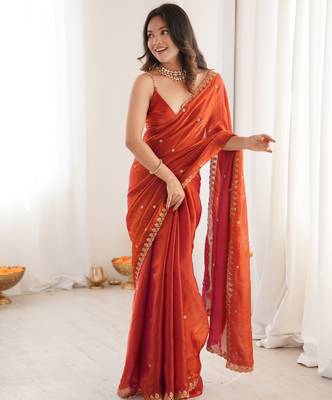 orange tissue embridered saree with unstitched blouse piece 2