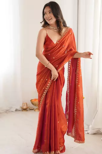 orange tissue embridered saree with unstitched blouse piece