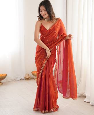 orange tissue embridered saree with unstitched blouse piece 3