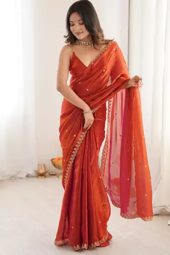 orange tissue embridered saree with unstitched blouse piece