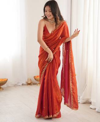 orange tissue embridered saree with unstitched blouse piece 5