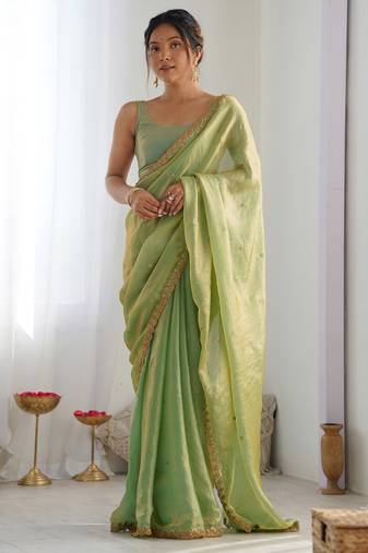 pista tissue embridered saree with unstitched blouse piece
