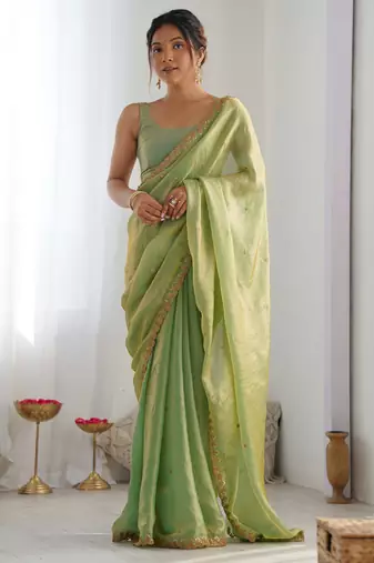 pista tissue embridered saree with unstitched blouse piece