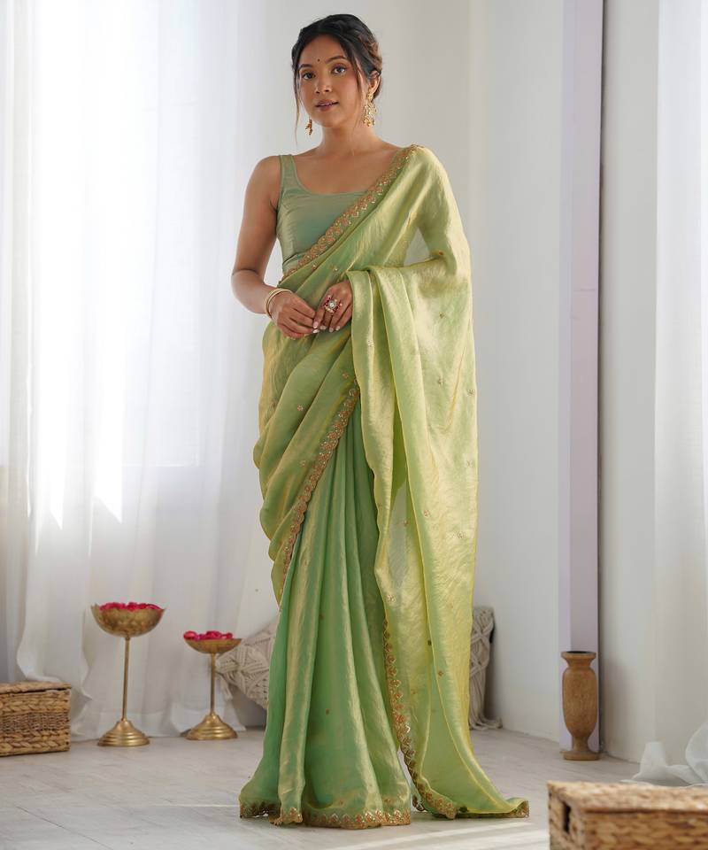 pista tissue embridered saree with unstitched blouse piece