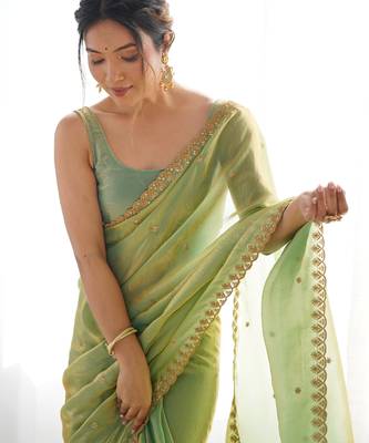 pista tissue embridered saree with unstitched blouse piece 2