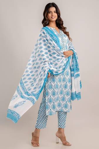 Blue white floral block printed indian readymade straight salwar kameez kurti pant dupatta set for women - set of 3