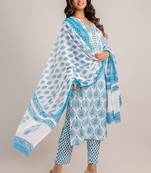 Blue white floral block printed indian readymade straight salwar kameez kurti pant dupatta set for women - set of 3