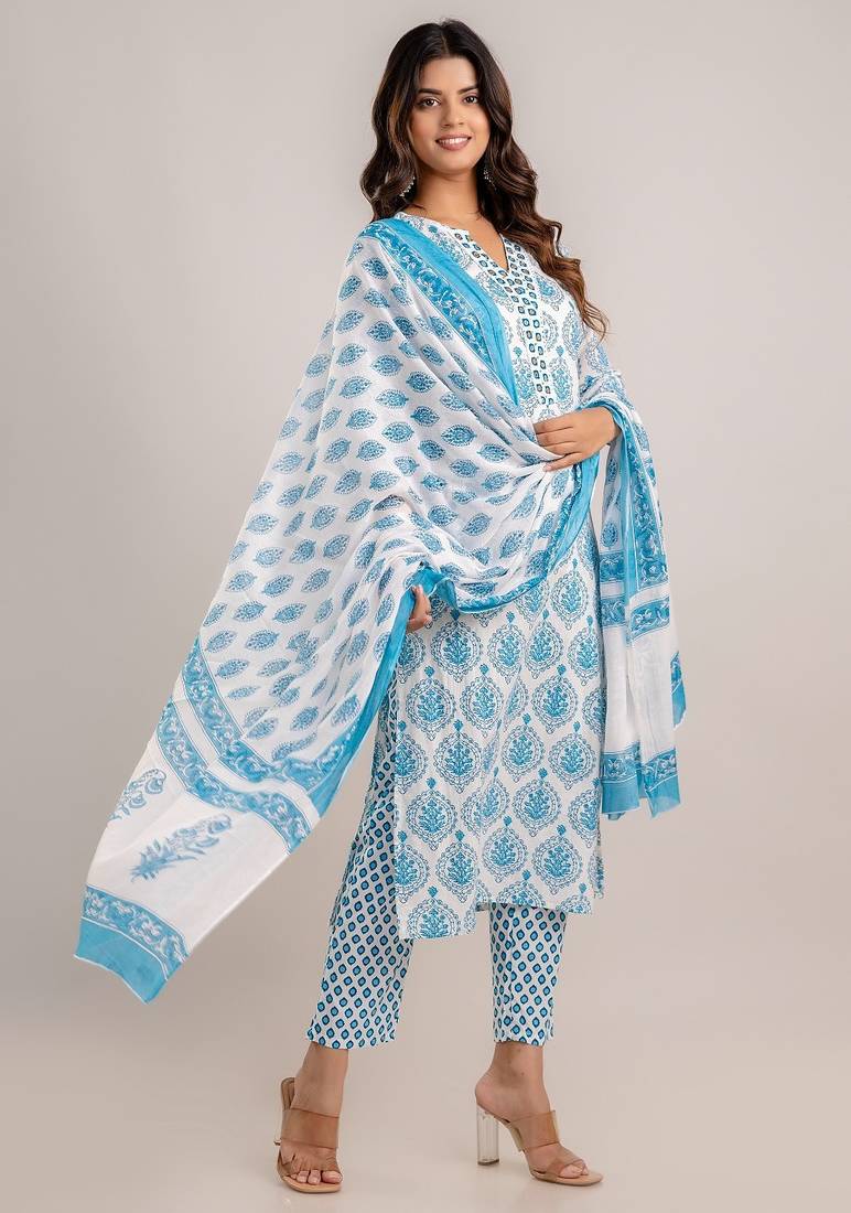 Blue white floral block printed indian readymade straight salwar kameez kurti pant dupatta set for women - set of 3