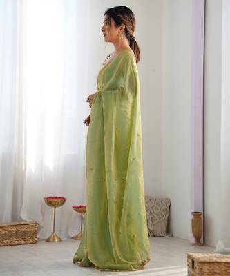 pista tissue embridered saree with unstitched blouse piece 3