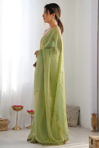 pista tissue embridered saree with unstitched blouse piece