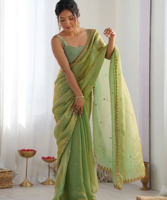 pista tissue embridered saree with unstitched blouse piece 4